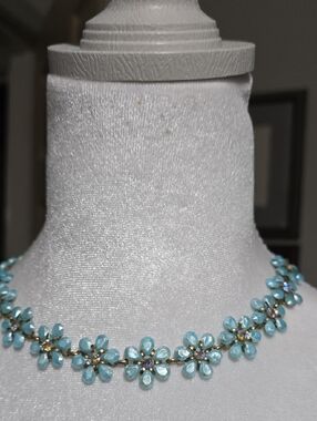 Vintage Blue Floral Crystal Choker Necklace 15"